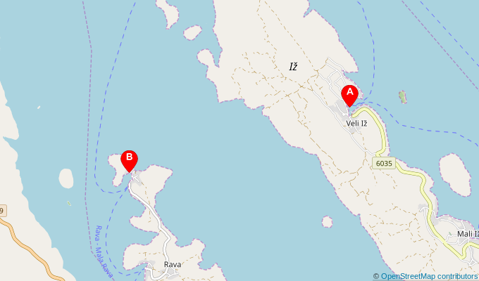 Map of ferry route between Veli Iz and Mala Rava